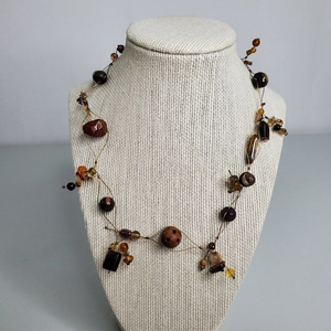 Glass‎ Beaded Necklace Wire Shell Wood Brown Funky